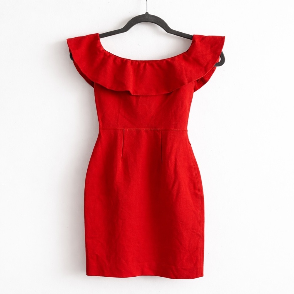 Babaton Red Off Shoulder Ruffle Bodycon Dress Aritzia XS